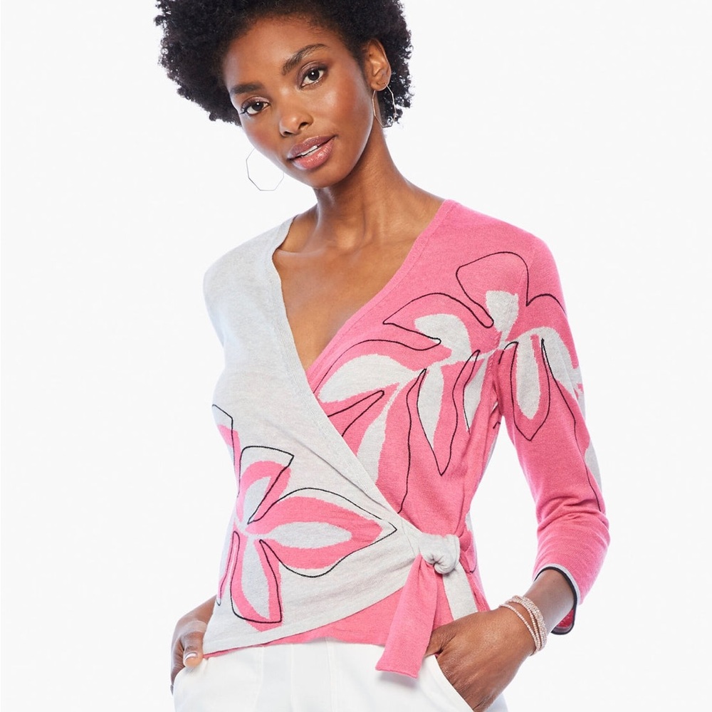 NEW Nic+Zoe Floral Wrap Sweater Linen Blend XL